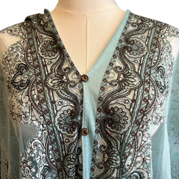 Teal Burn Out Poncho Shawl Paisley Women's One Size Sheer Fringe BOHO Artsy - Picture 2 of 8